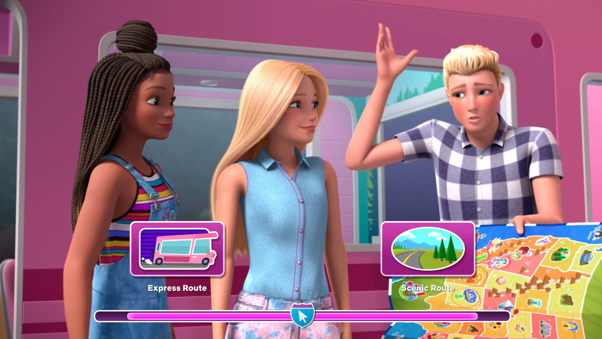barbie, a blonde young woman, stands between ken, a blonde man, and brooklyn barbie, a young woman with braids, as they decide which road trip route to take; they stand in front of a hot pink RV