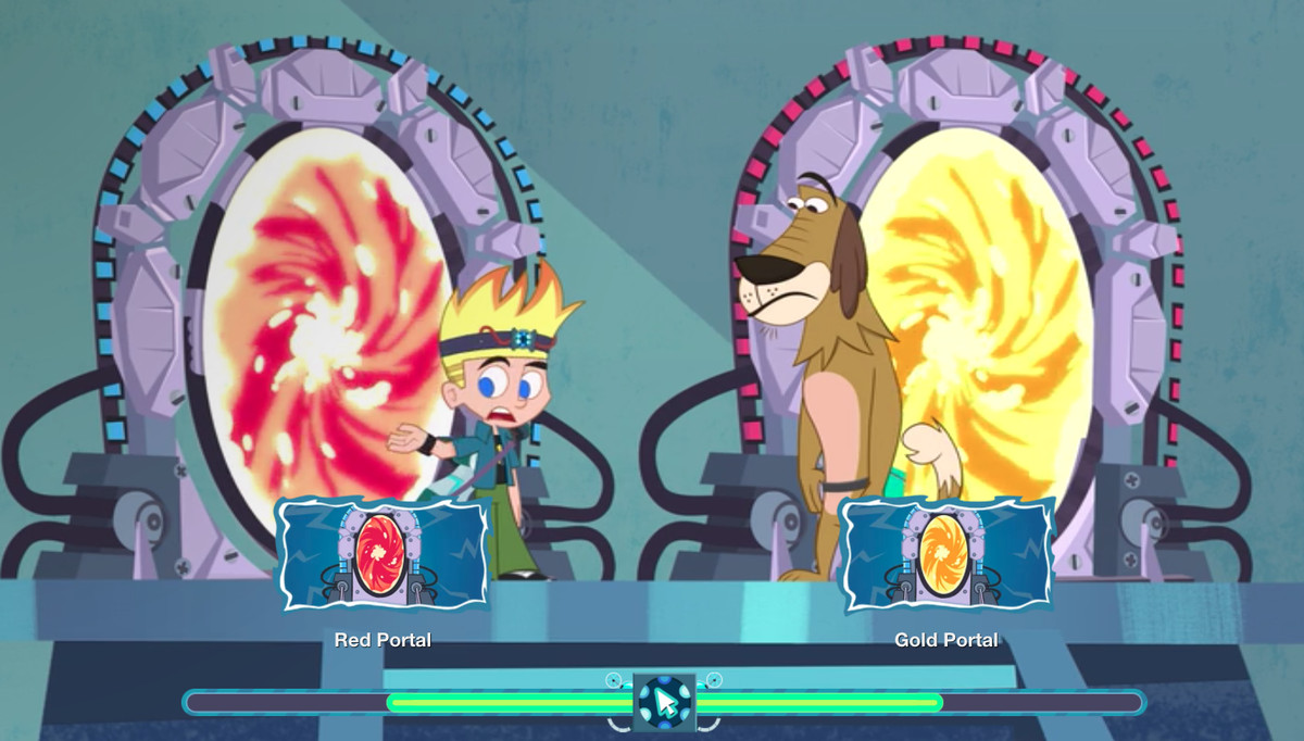johnny test and his dog stand in front of two portals. one is red. one is gold. which one will they choose?