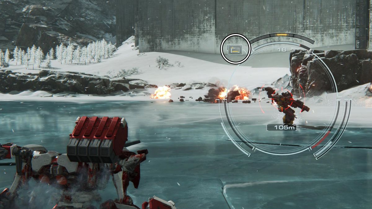 En mek riktar sig mot en mindre mek som står på en frusen sjö medan han jagar stridsstockar i Armored Core 6.