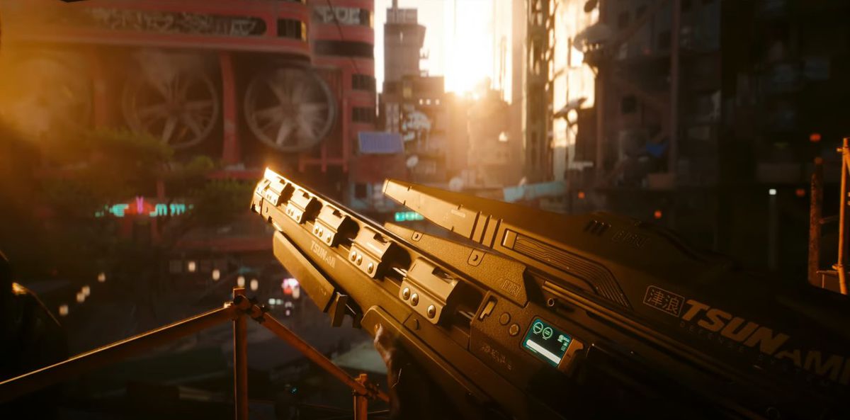 En skärmdump från Gamescom 2023-trailern för Cyberpunk 2077: Phantom Liberty, som visar upp ett nytt prickskyttvapen känt som Rasetsu.