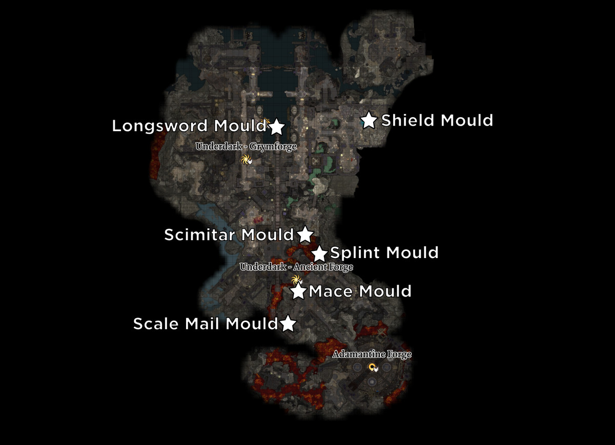 Placering av alla formar som används i Adamantine Forge i Baldur's Gate 3.
