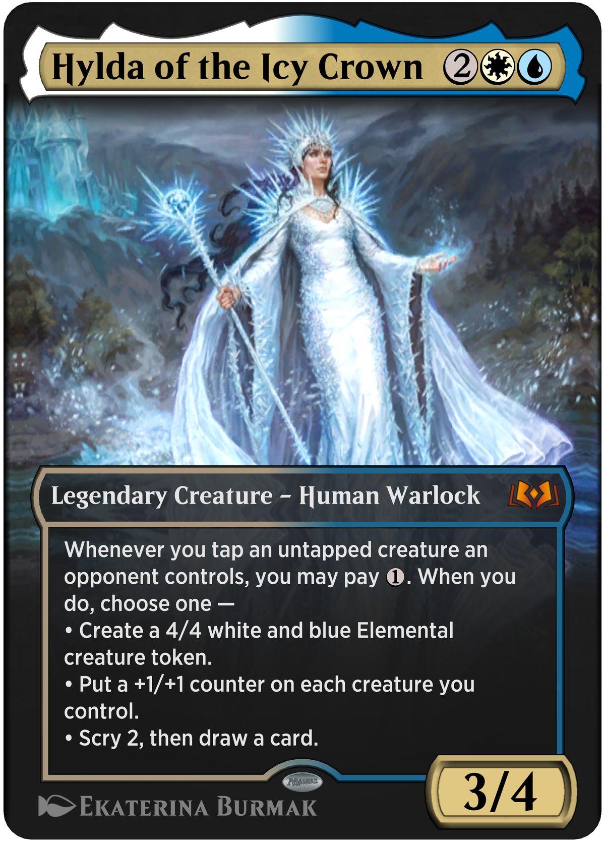 En snödrottning, strålande i sina frostiga dukar.  Hylda of the Icy Crown är en legendarisk varelse, en mänsklig trollkarl, med 3/4.  Kortet kostar två, med ytterligare en vit och en blå mana, att spela.