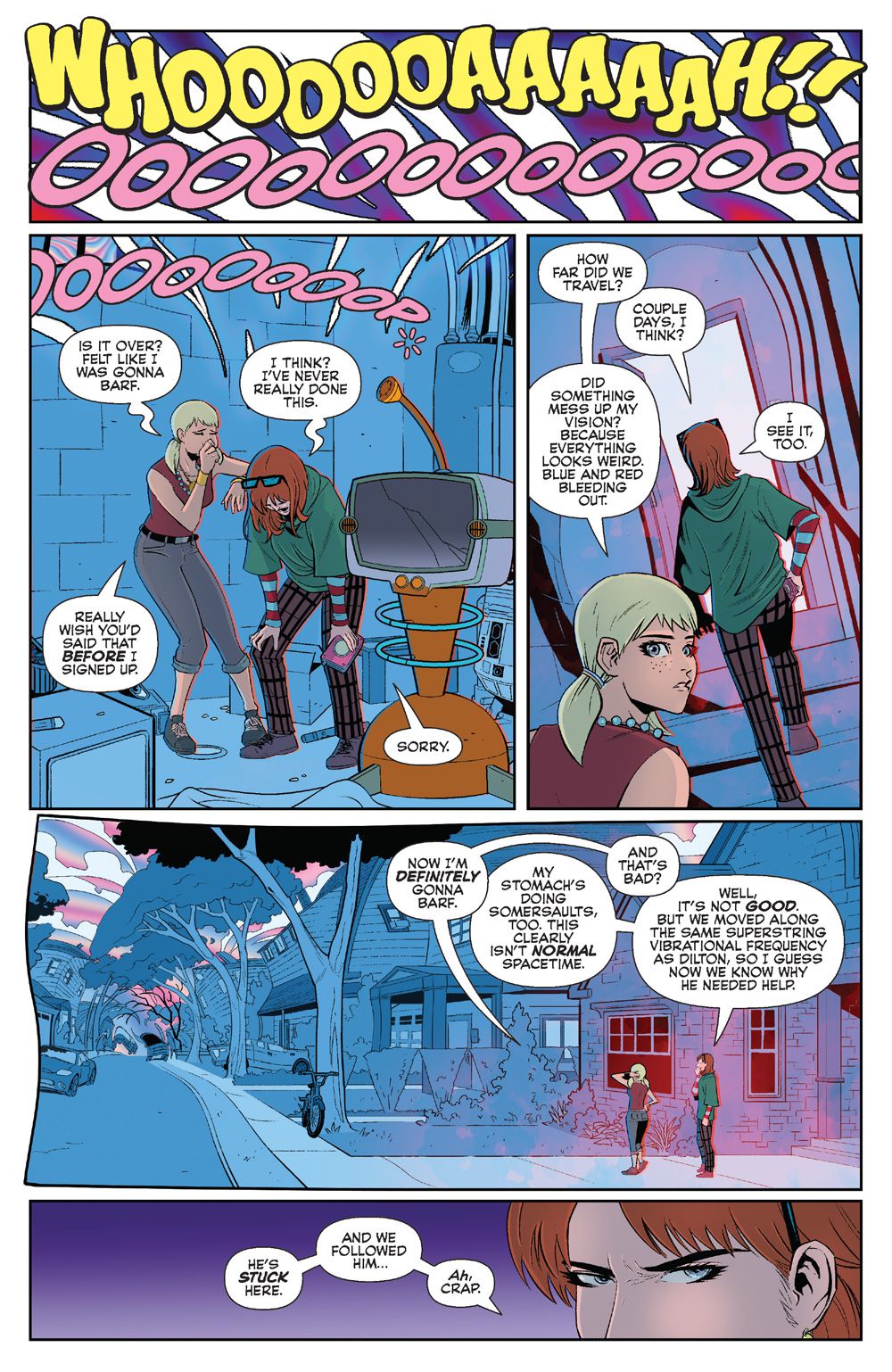 En sida från Strange Science, med Danni Malloy och Jinx Holliday som kliver ut från en källare till en skev version av Riverdale.