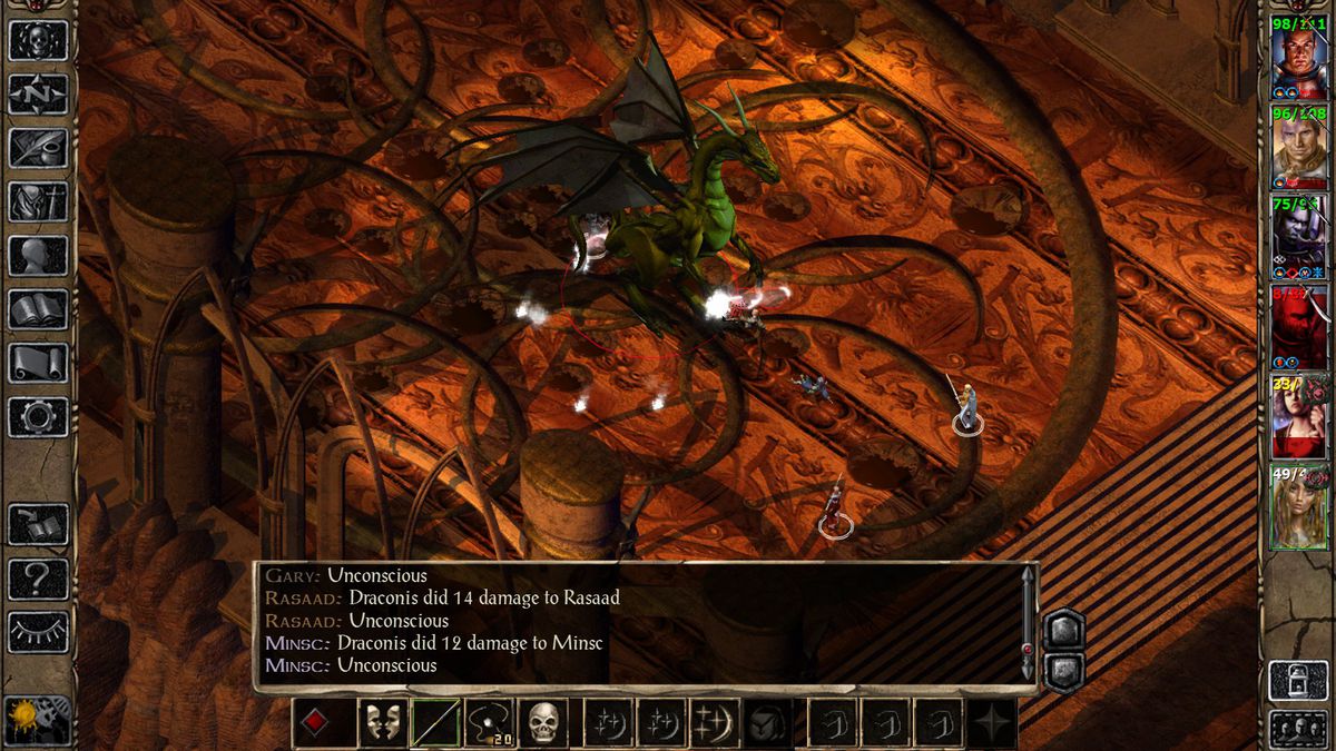 En spelskärm av Baldur's Gate 2, där sällskapet slåss mot en enorm drake. 