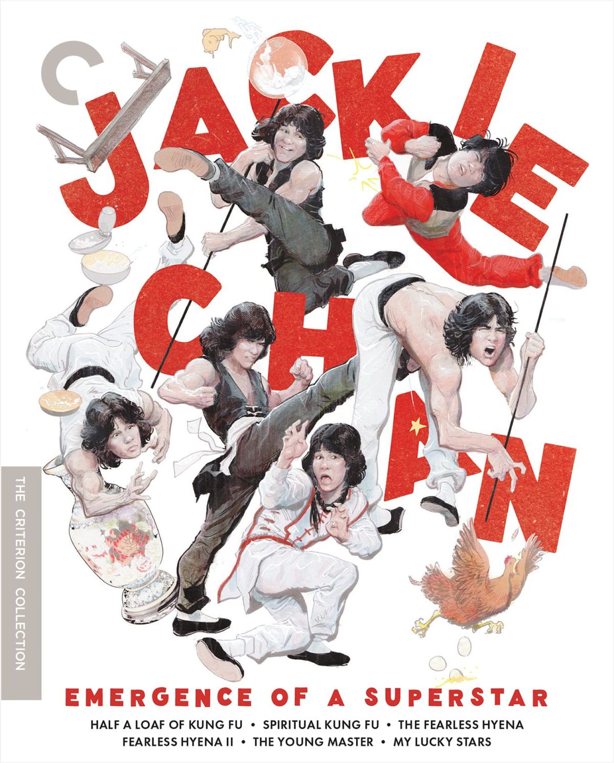 Criterion Collections Jackie Chan: Emergence of a Superstar box set, som har ett lekfullt omslag med många Jackies Chan som kastar sparkar och blir träffade.