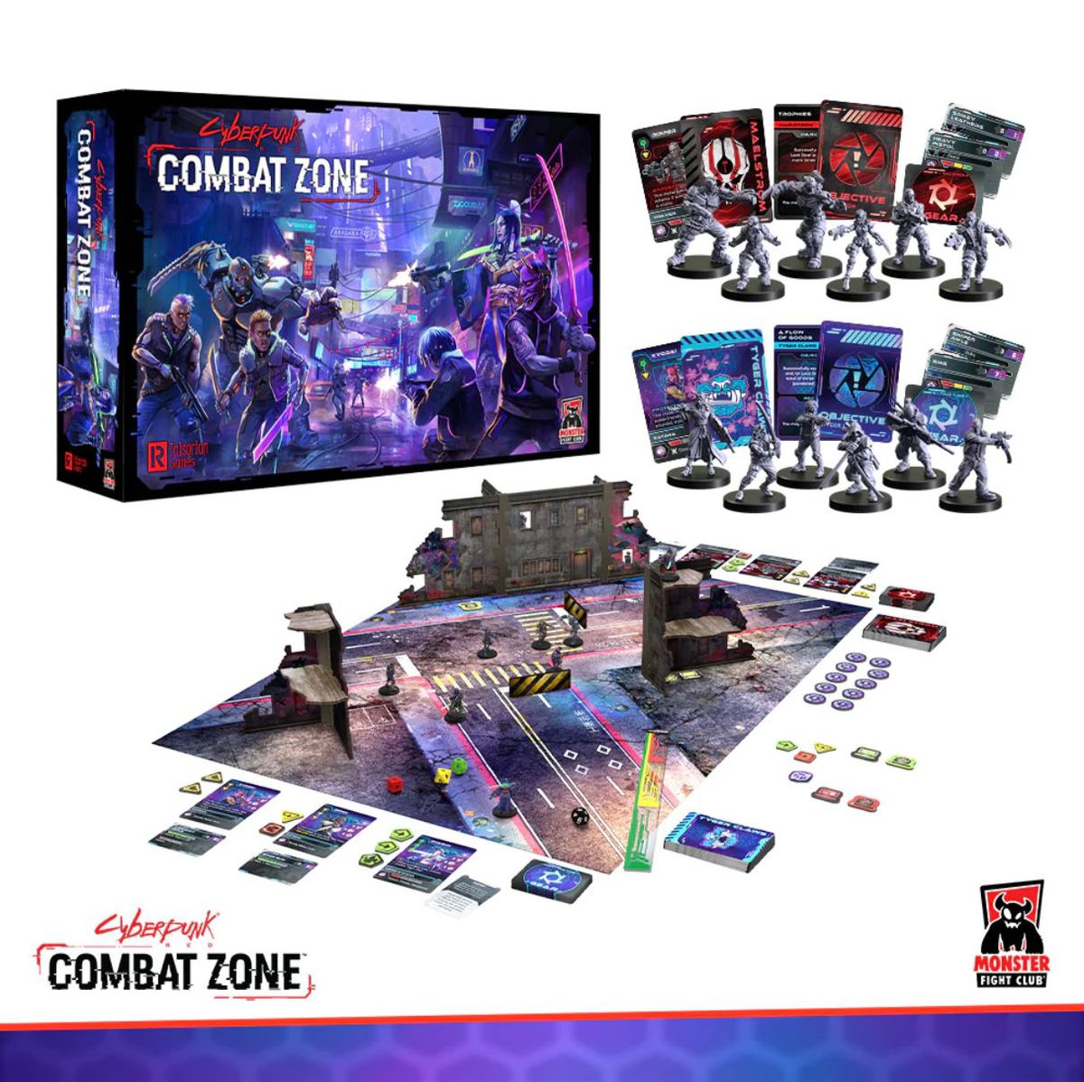 Ett foto som visar innehållet i startsetet Cyberpunk Red: Combat Zone, inklusive en spelplan, kort, tokens och linjaler.