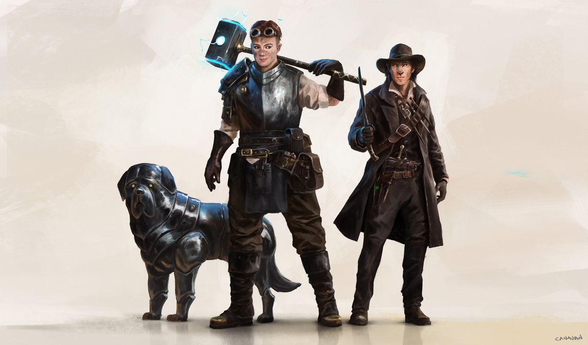 En Steel Defender står högt, en magisk hammare på axeln och en metallhund vid deras sida.  Bredvid dem i illustrationen är en artillerist med en 10-liters hatt, dammduk och några explosiva trollstavar.