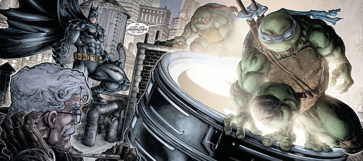 Kommissarie Gordon blir förvånad när Batman får sällskap vid bat-signalen av Rafael och Leonardo ninjasköldpaddorna i Batman/Teenage Mutant Ninja Turtles. 