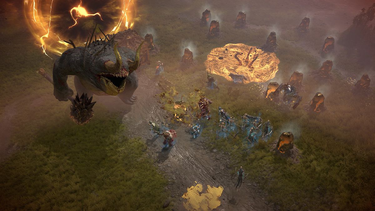 Diablo 4-karaktärer slåss mot ett jättetroll på ett gräsbevuxet slagfält.