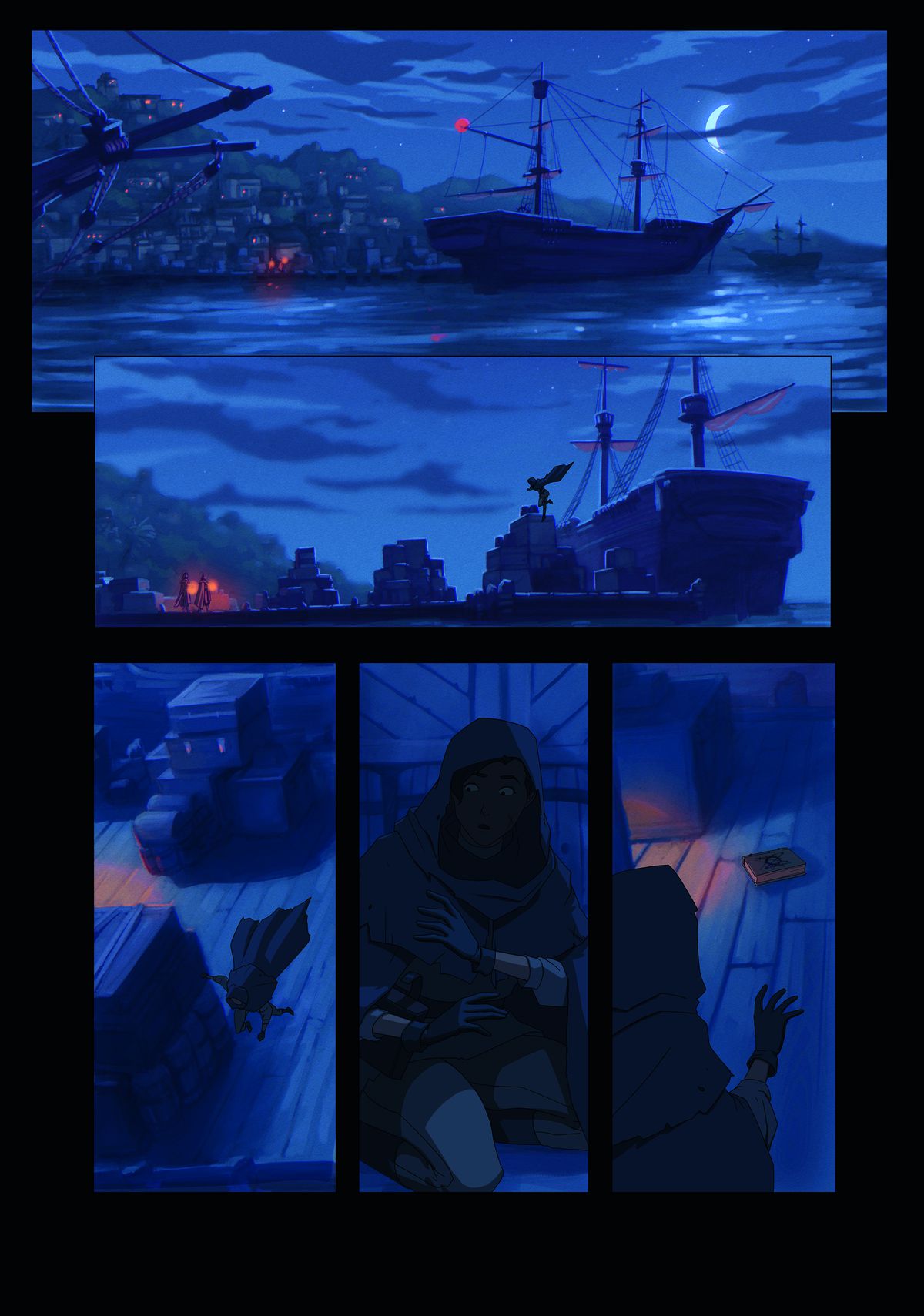 En seriesida som visar ett skepp på väg till en docka på natten.