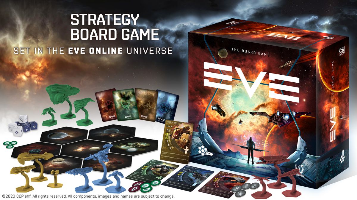 En återgivning av innehållet i Eve Online: The Board Game, inklusive brickor med stjärnsystem, kort, tokens och mängder av unika rymdskepp av plast.