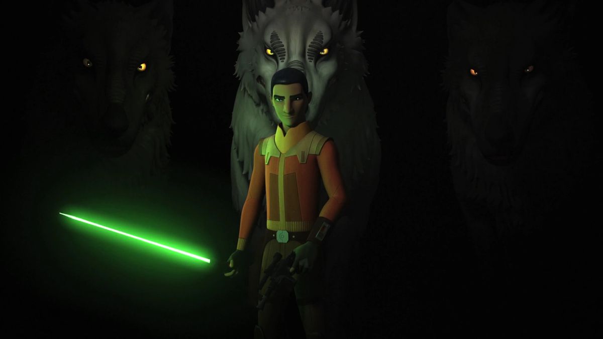 Ezra Bridger står i mörkret, med sin ljussabel antänd.  Ljuset lyser upp hans ansikte, och ögonen på de tre manstora vargarna bakom honom, i Star Wars: Rebels. 