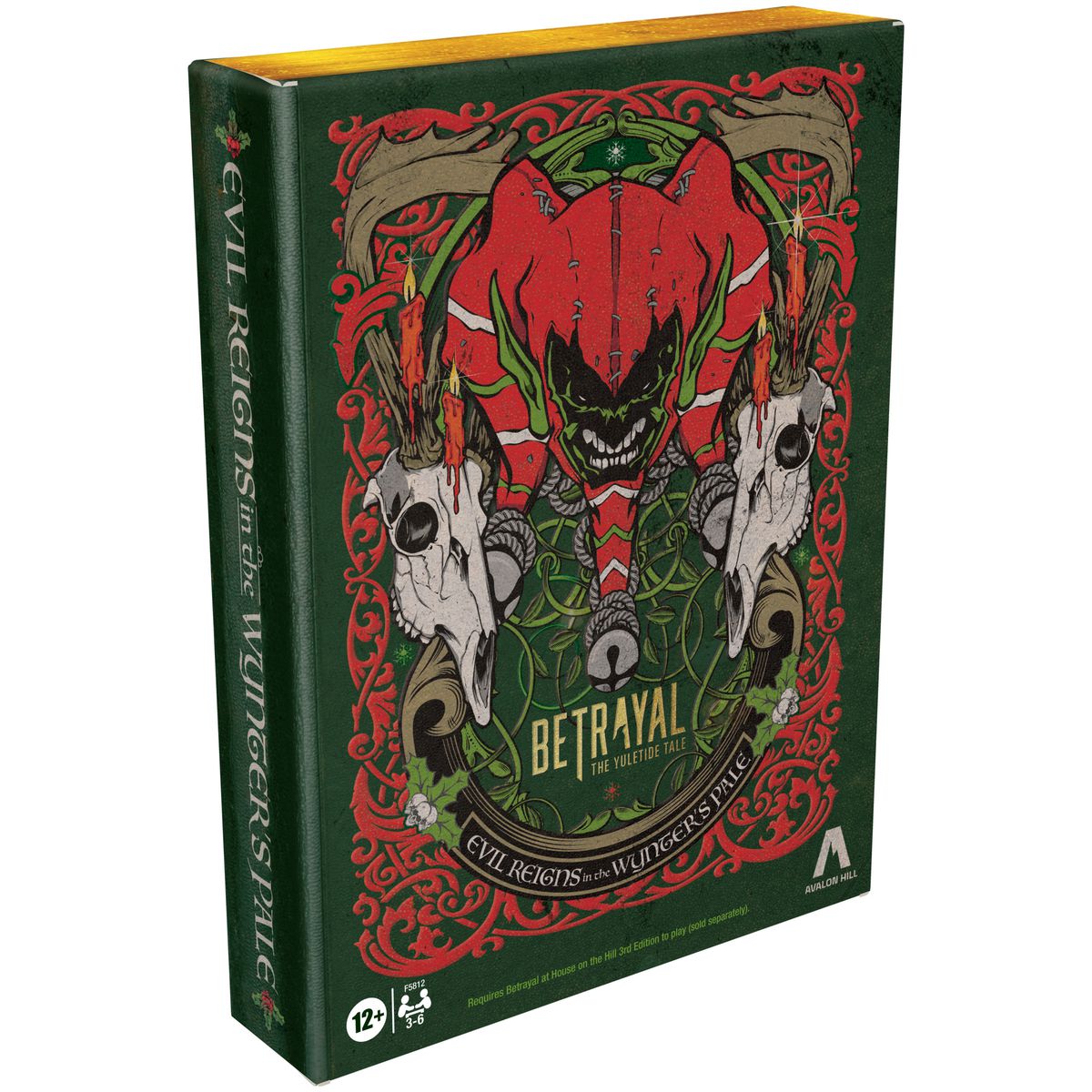 En bokformad låda för Wynter's Pale-expansionen för Betrayal.  En demonisk tomte och djurskallar med ljus pryder omslaget.
