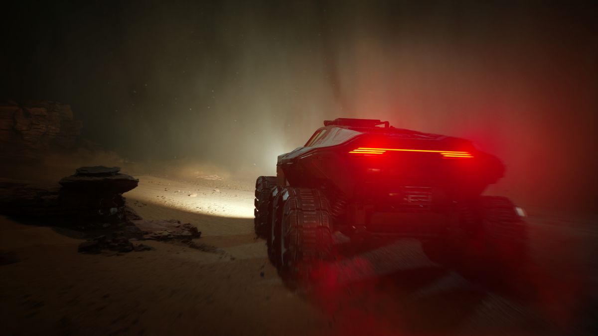 Ett tankliknande fordon kör genom dåligt väder på Mars i Fort Solis.