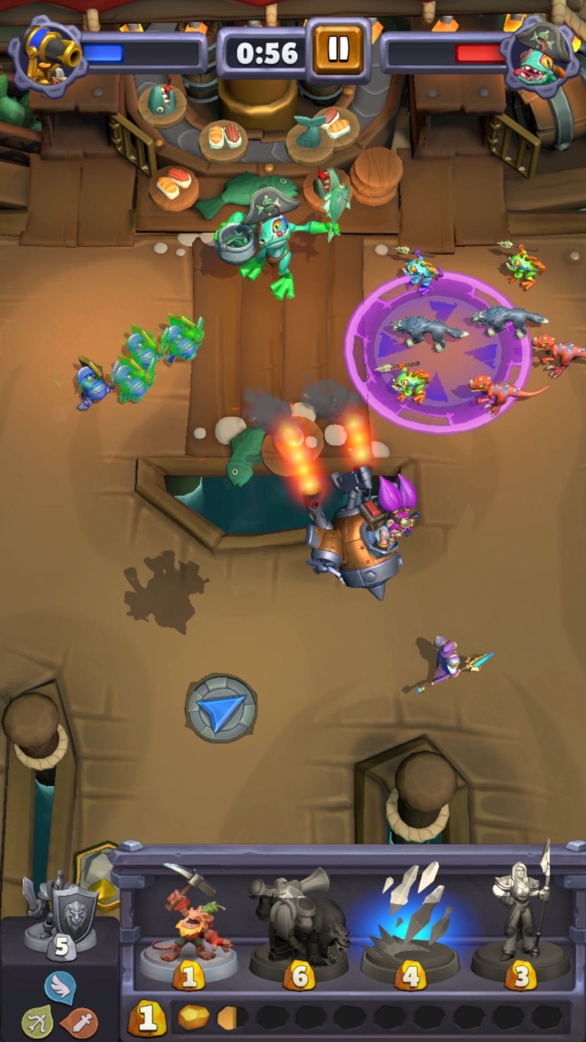 Gameplay från Warcraft Rumble, som visar spelaren engagerad i en strid med hjälten Jaina Proudmoore mot ett hav av Murlocs.