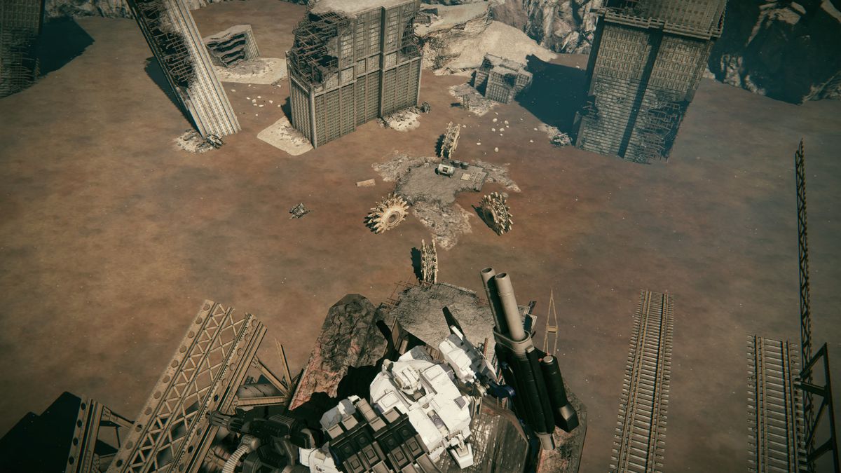Spelarens AC tittar ner från en bro på en kvartett Autonomous Grinder Wheels som vaktar en container i en skärmdump från Armored Core 6: Fires of Rubicon.