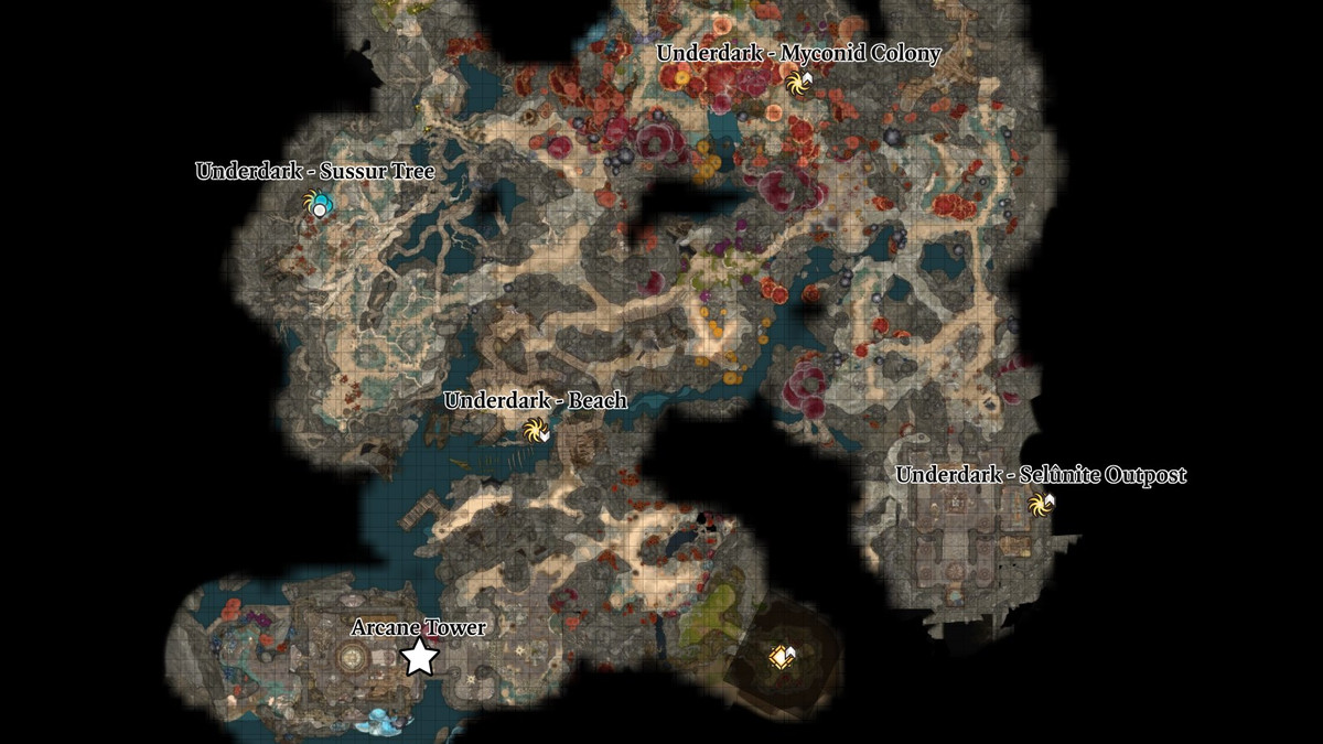 Arcane Tower-plats markerad på kartan över Underdark i Baldur's Gate 3.