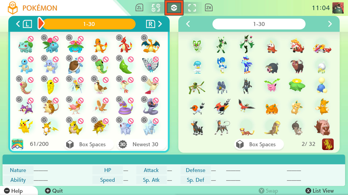 Två Pokémon-lådor sida vid sida i Pokémon Home.  Den vänstra visar National Pokédex's 1-30, och den högra visar Paldean Pokédex's 1-30.