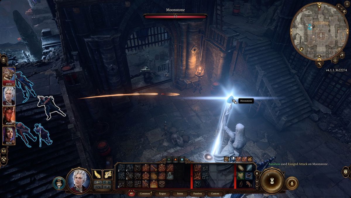 Baldur's Gate 3 avfyrar en pil mot månstenen i Selunite Outpost för att inaktivera statyerna utanför.