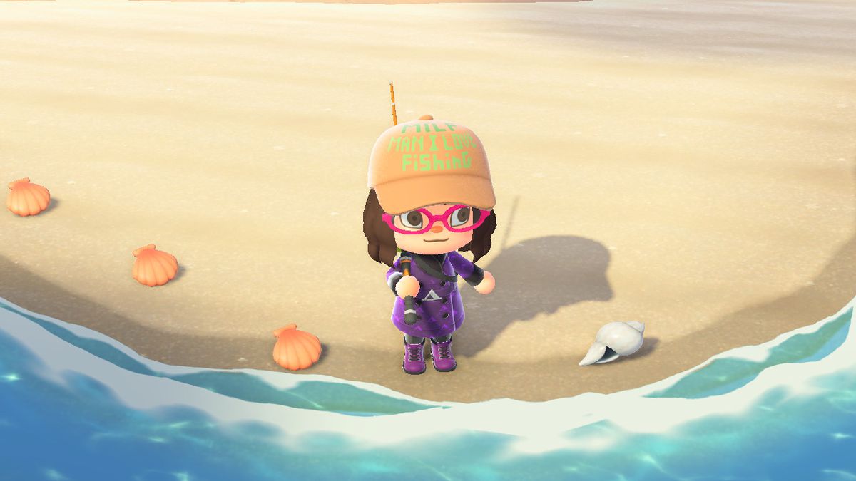 An Animal Crossing character wearing a hat that says MAN I LOVE FISHING, while holding a fishing rod by the beach. 