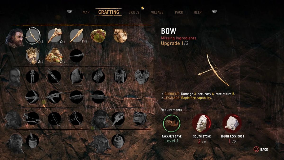 The crafting menu from Far Cry: Primal, currently highlighting a shortbow you can somehow craft by collecting six South Stone and eight South Rock Dust, because real-world bows are definitely made out of stone and dust. Not highlighted: a variety of other primitive weapons, potions, and bombs you can learn to craft