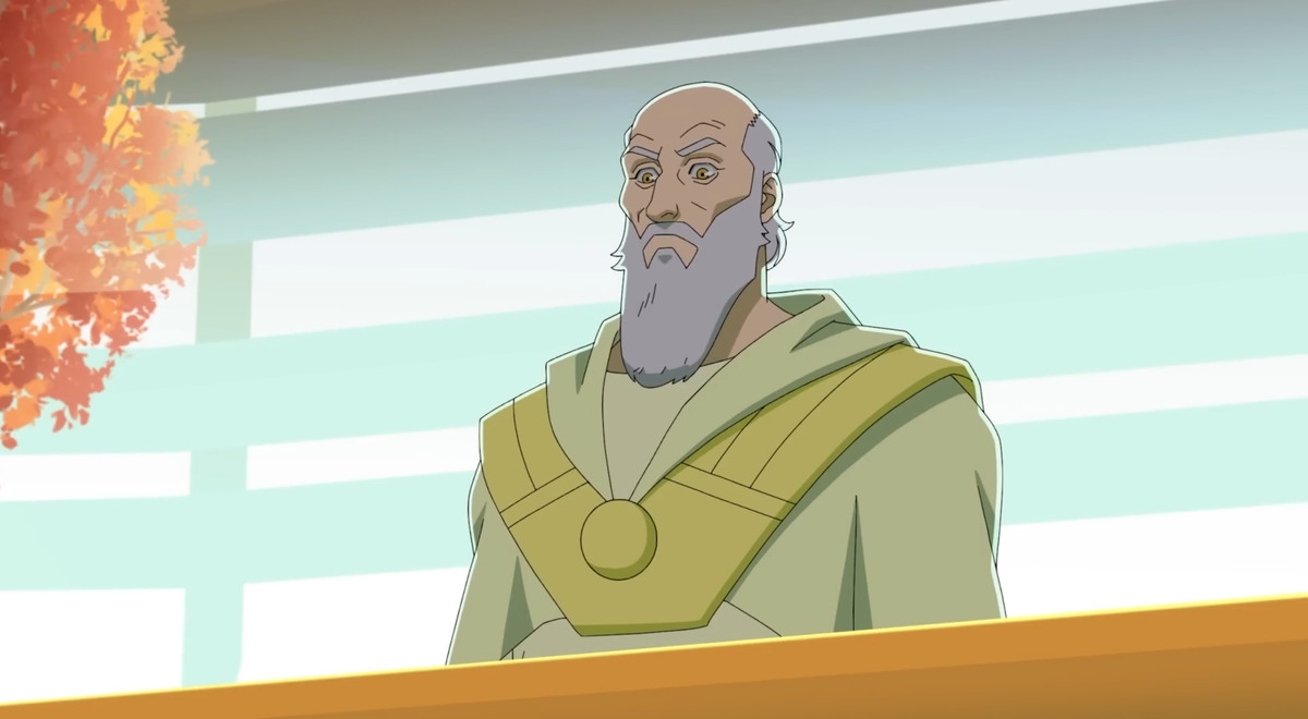 Thaedus, en skallig man med ett långt grått skägg, klädd i futuristiska gröna dräkter, står på en balkong med ett rödbladigt träd åt sidan i en scen från säsong 2 av Amazons animerade serie Invincible
