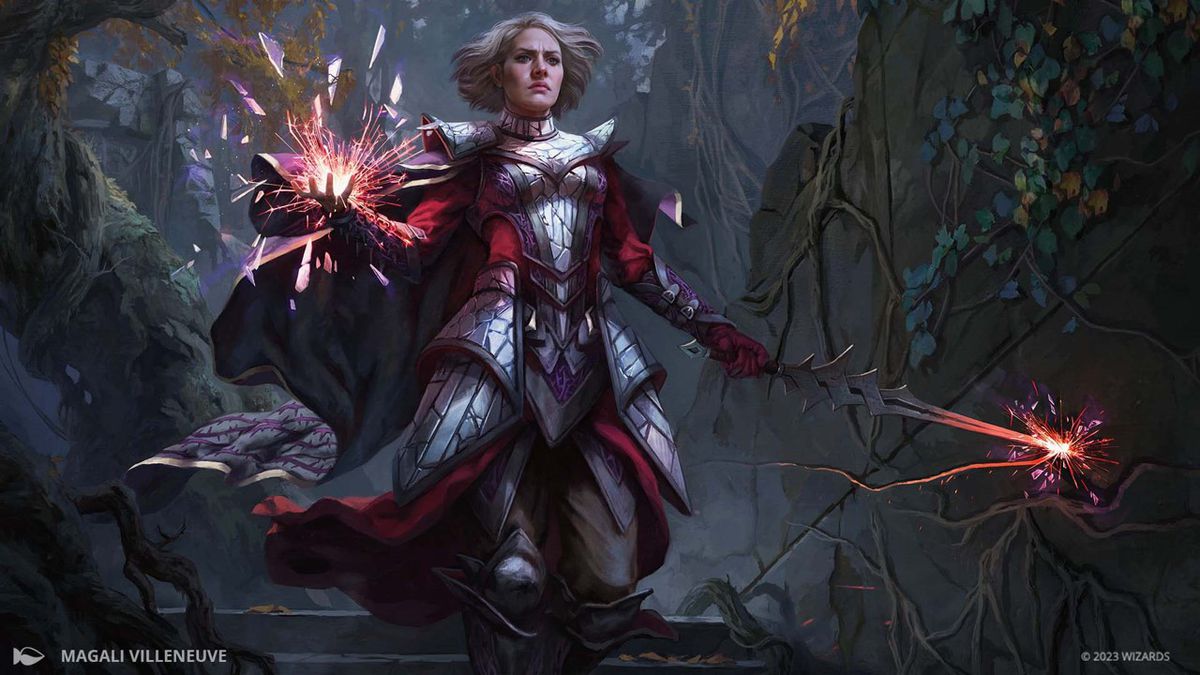 En bild av Rowan Scion of War i Magic the Gathering Wilds of Eldraine expansion.  Hennes hand gnistor av elektricitet.
