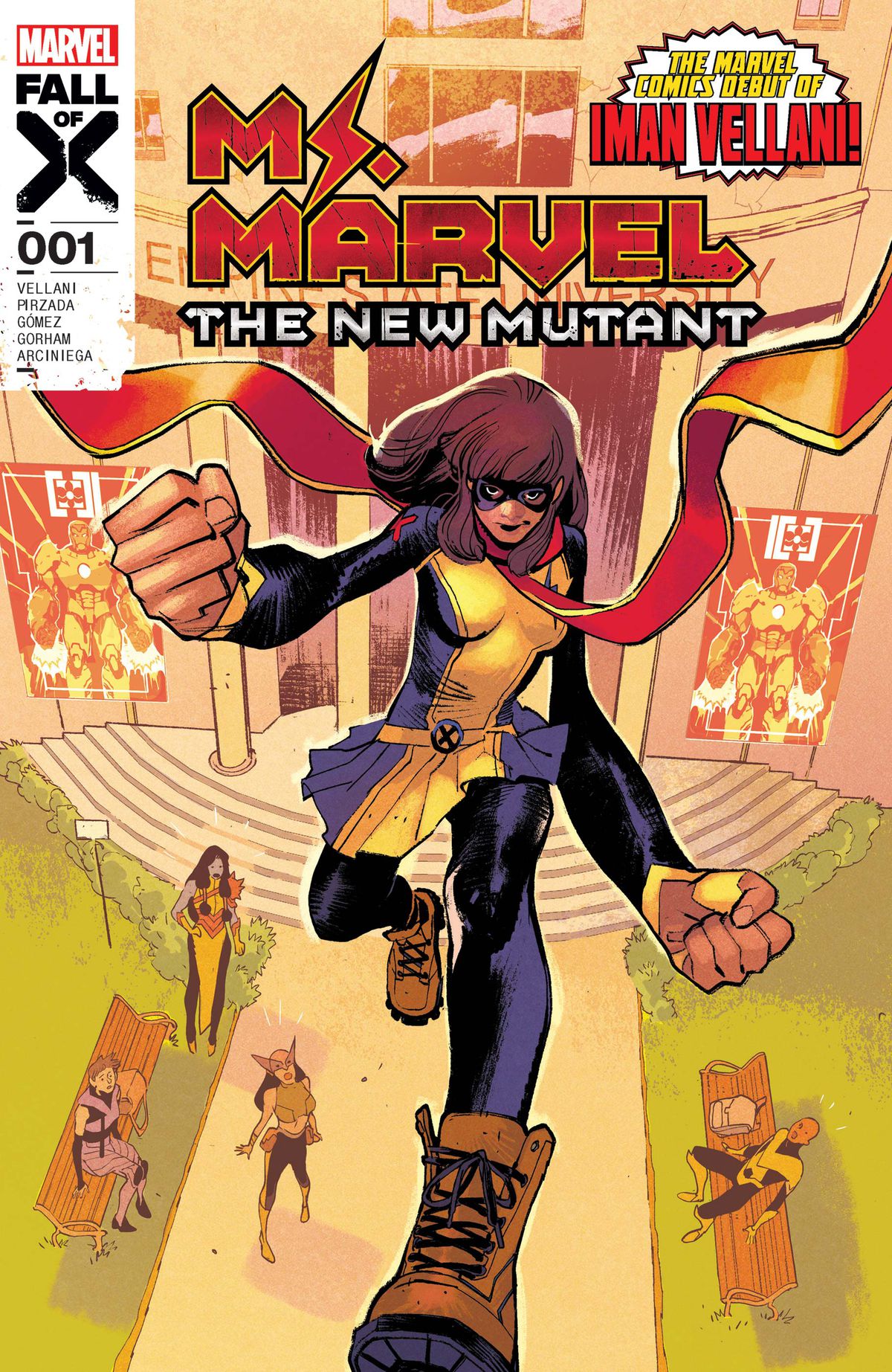 Ms. Marvel går framåt, med X-Men som tittar på från parkbänkar bakom henne, på omslaget till Ms. Marvel: The New Mutant #1 (2023).