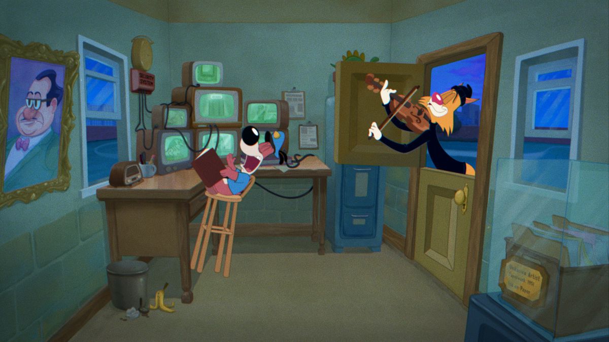 a guard dog in a security office slowly falling asleep as a cat burglar plays a lullaby on a violin 