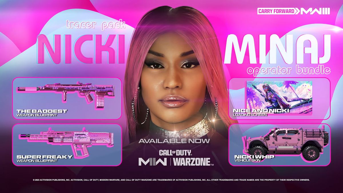 En grafik som visar innehållet i Nicki Minajs operatörspaket, inklusive The Baddest rifle, Super Freaky shotgun, Nice och Nicki laddningsskärm och Nicki Whip fordonsskinn