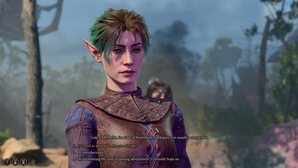 Cestelle, en Wood Elf Assassin med grönt hår och läderrustning, i Baldur's Gate 3