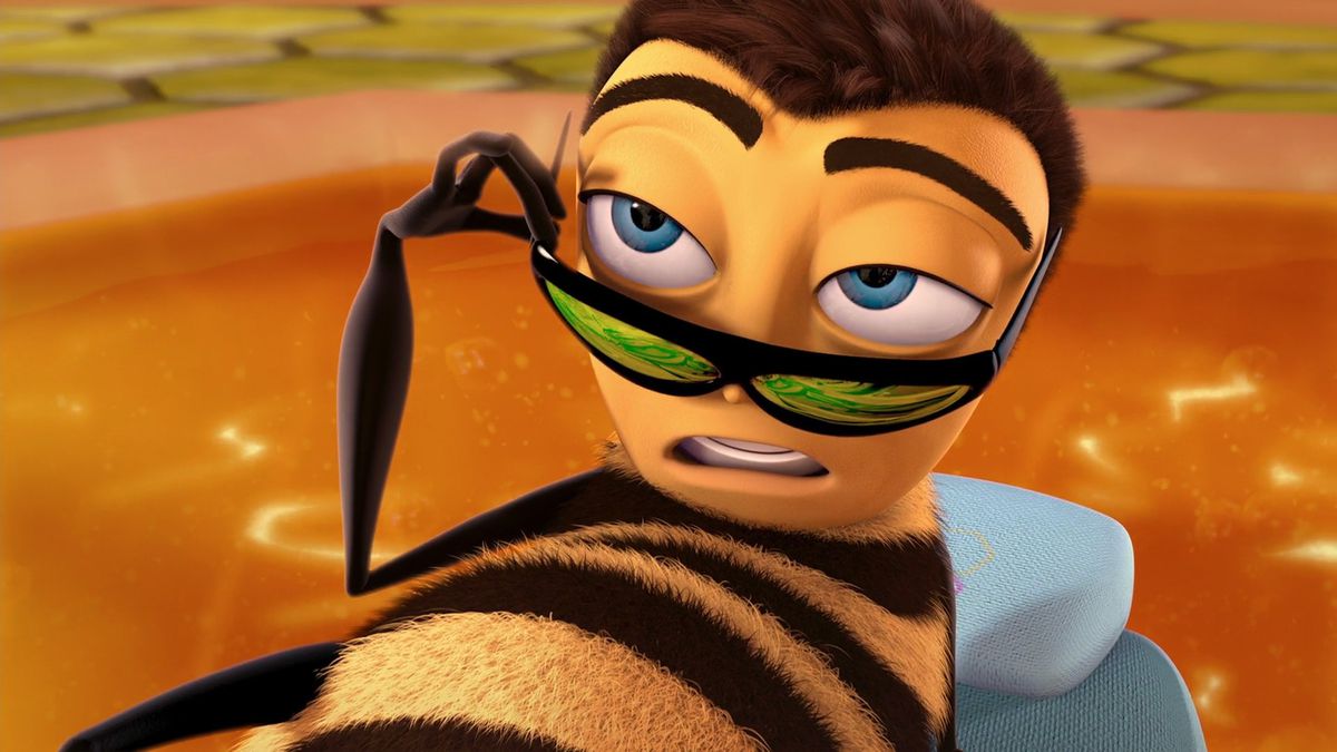 Barry the Bee lounges as he lowers his sunglasses and looks at the viewer