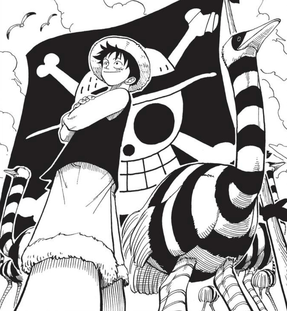 En bild av Luffy in the One Piece manga.  Han står framför en piratflagga som har en skalle och korsben med stråhatt.  Det står en stor strutsfågel bredvid honom. 