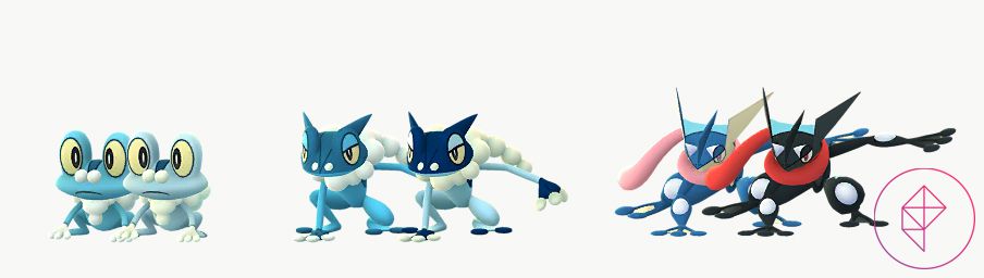 Froakie, Frogadier och Greninja med sina glänsande versioner i Pokémon Go.  Froakie blir ljusare blå, Frogadier får ett mörkare huvud men ljusare kropp och Greninja har ett coolare svart och rött färgschema.