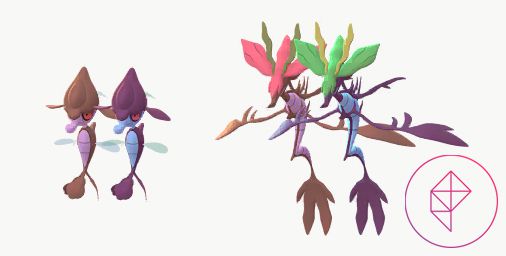 Skrelp och Dragalge i Pokémon Go med sina glänsande former.  Shiny Skrelp får blå accenter och glänsande Dragalge får blå och gröna accenter.