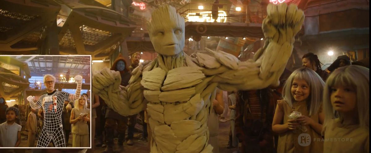 En halvfärdig dansande Groot från Guardians 3 med ett litet fönster som visar hur James Gunn rotoskoperas 