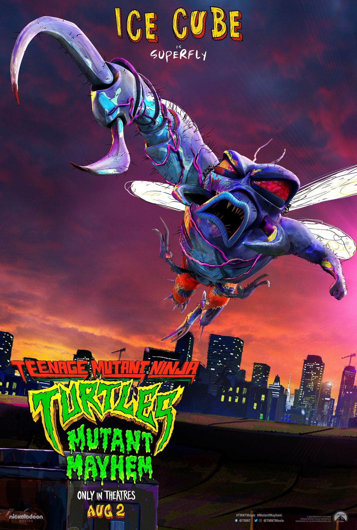 En karaktärsaffisch för Superfly, en grov antropomorf flugman, röstad av Ice Cube, i Teenage Mutant Ninja Turtles: Mutant Mayhem. 
