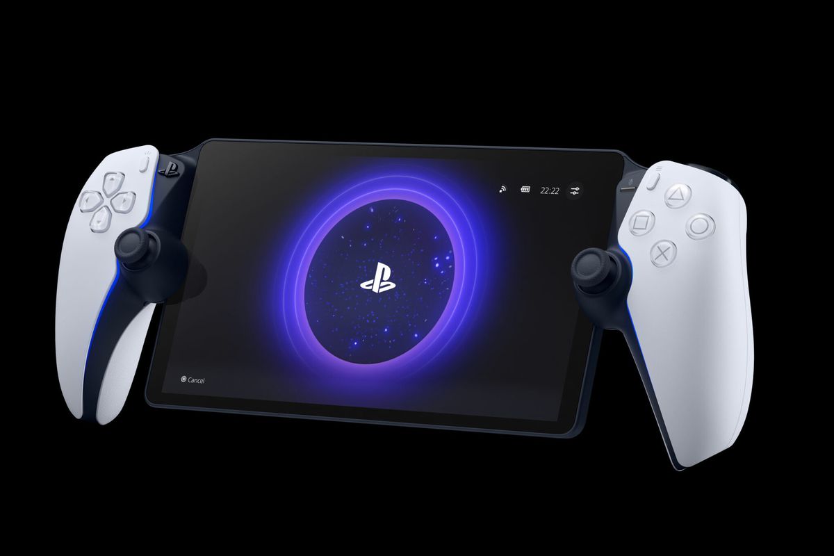 En sidovy av PlayStation Portal-enheten, som visar dess pekskärm och knappar.