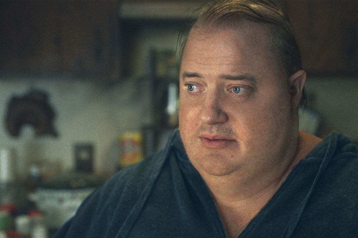 a close-up of Brendan Fraser in his fat suit staring blankly off screen in Darren Aronofsky’s The Whale