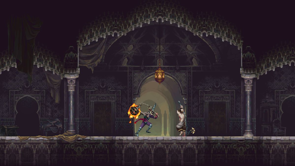The Penitent One använder ett flammande slagvapen mot en fiende i ett katedralliknande område i Blasphemous 2