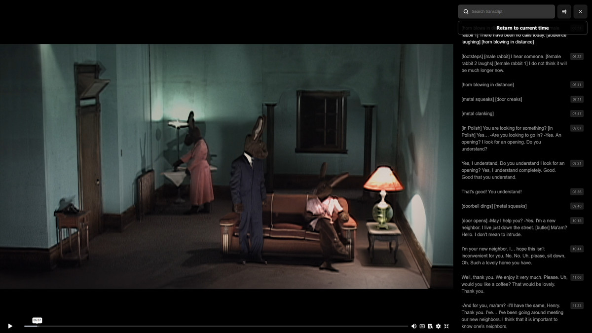 En skärmdump av Inland Empire på Criterion Channel där flera personer i kaninkostymer vandrar runt i en uppsättning av ett vardagsrum.  På höger sida av skärmen finns en utskrift av filmen.