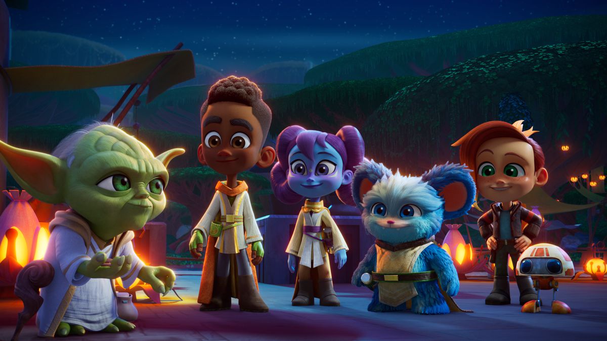 Mästare Yoda, Jedi-unglingarna Kai, Lys och Nubs, och deras vänner Nash och RJ-83 står framför några lyktor i Star Wars: Young Jedi Adventures