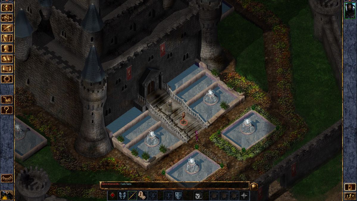 Spelarens fest minglar utanför ett slott, som är omgivet av en vallgrav, i Baldur's Gate: Enhanced Edition