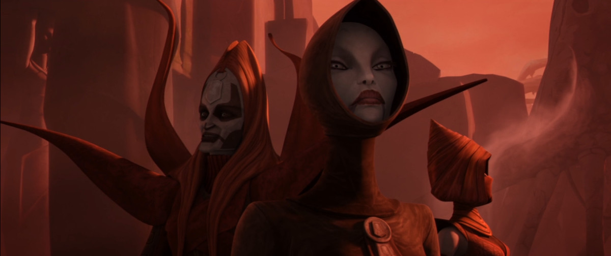 Asajj Ventress i en huva med några av häxorna från Dathomir i ett avsnitt av The Clone Wars