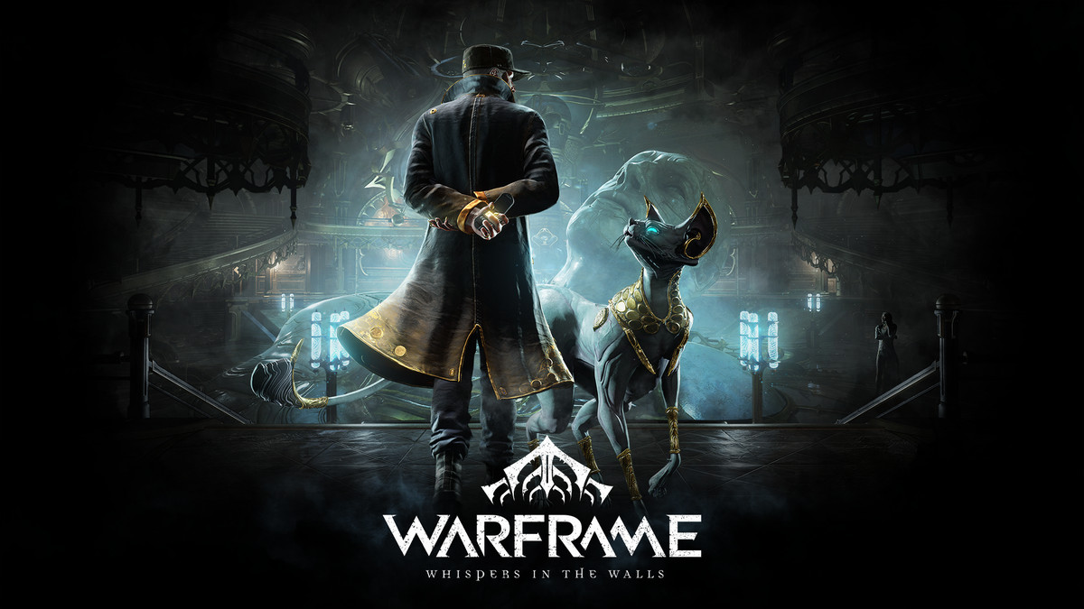 Nyckelkonst för den kommande Whispers in the Walls-uppdateringen för Warframe, som visar en man i futuristisk kappa och brättad hatt som står bredvid en stor sfinxliknande katt.  Mannen står inför en gammal, sönderfallen staty och ett rum fullt av överdådig sci-fi-utrustning och dekoration.