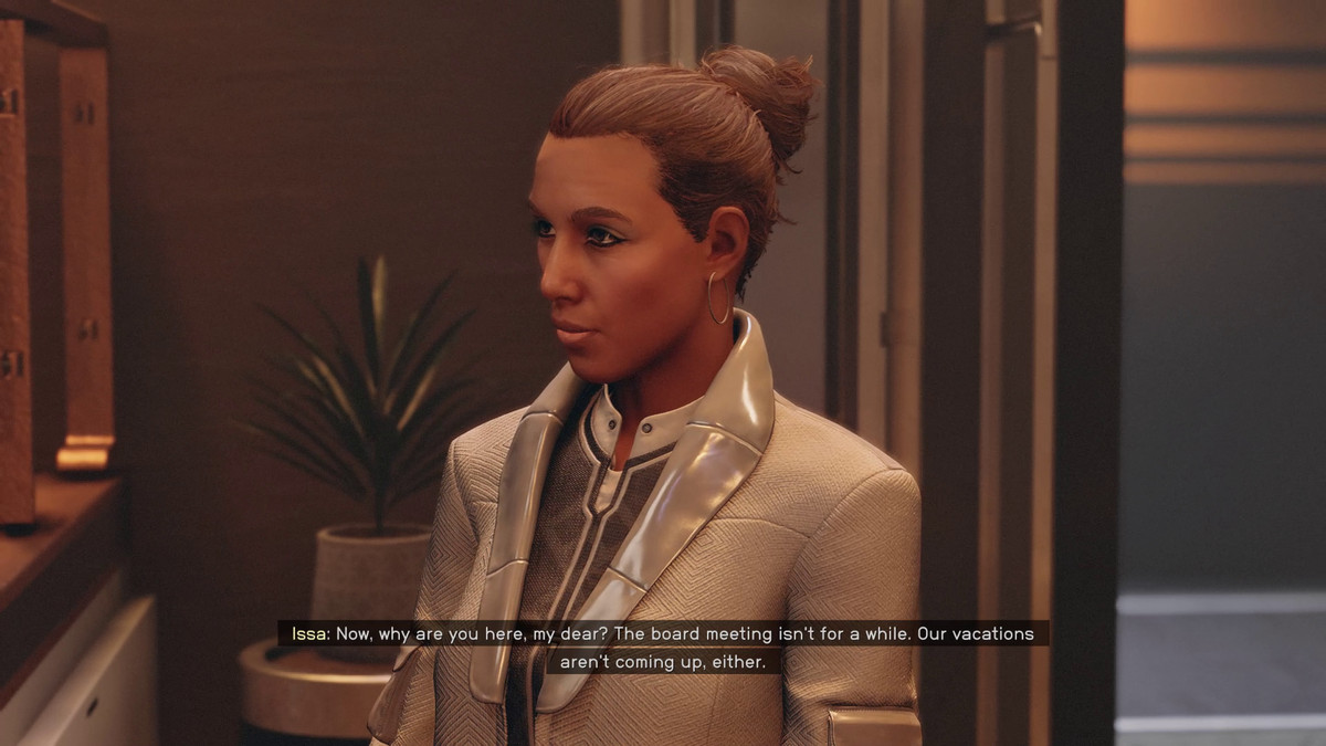 The player talks to Issa in Starfield