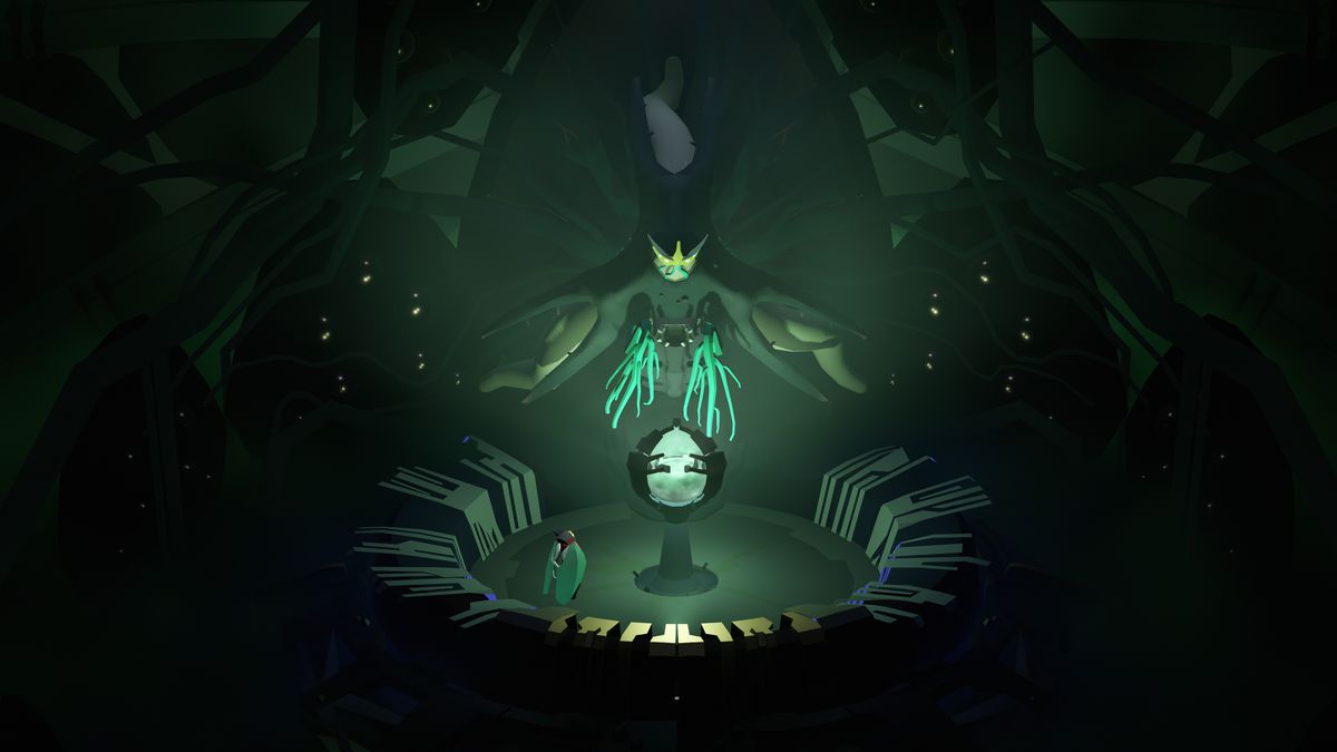 A little beetle character looks up in a green glowing room at another bug with tendrils touching an orb in Cocoon