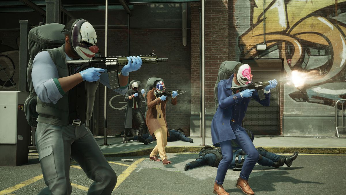 A bunch of goons in clown masks machine gun fire at targets of screen while they do some heisting in Payday 3
