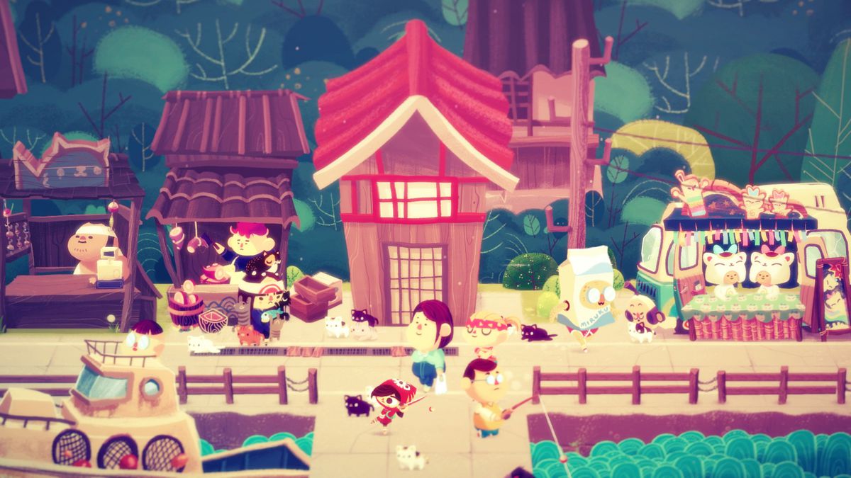 Little 2D illustration characters walk around a cute town in Mineko’s Night Market