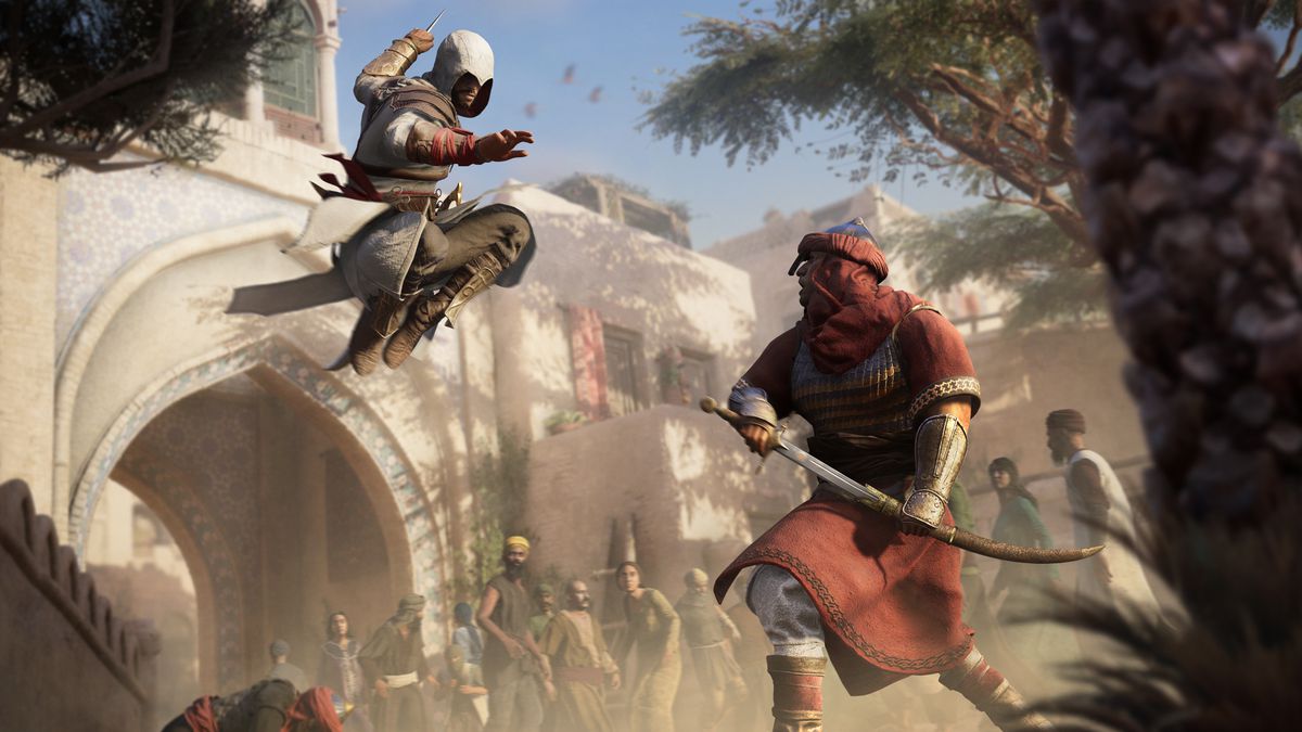 Basim the assassin jumps up in the air, knees high, as he targets a man with a big scimitar in Assassin’s Creed Mirage